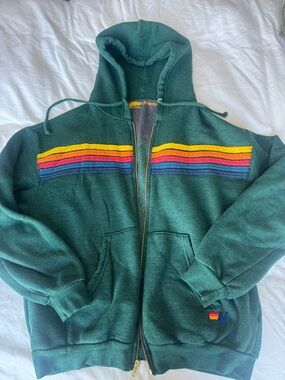 Aviator Nation Teal Zip Hoodie with Rainbow Stripe Accents